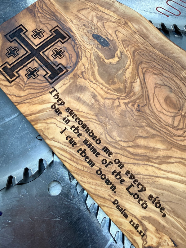 Olive Wood Charcuterie Board Crusader “Cut them down”